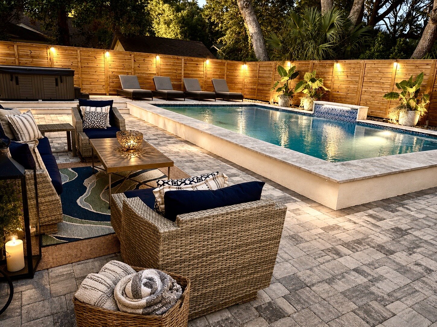 The heated saltwater pool at dusk